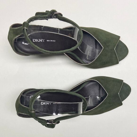 DKNY Green Suede D'Orsay Heels Size 10 Ankle Strap Peep Toe Metallic Trim Italy - Picture 4 of 9